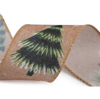 Stuha Vánoční plátnová stuha stromeček s drátem šíře 50 mm, střední, 2 režná přírodní zelená