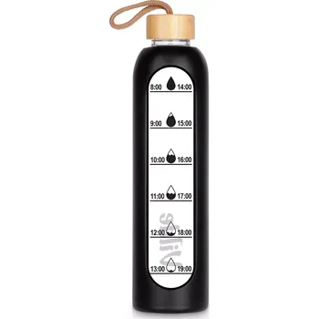 Láhev Skleněná láhev na vodu s bambusovým víčkem a silikonovým obalem 1 l, černá