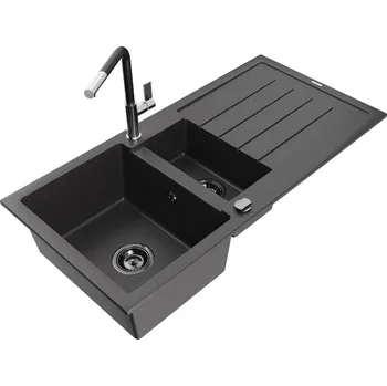 MEXEN/S - Andres granitový dřez s odkapávačem včetně baterie Flora, černá nakrapiany 6515-76-670401-07-B