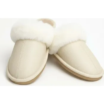 Dámské pantofle Dámské kožené papuče krémové model 113 s kožešinou, VELIKOST 41