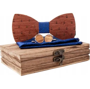 Motýlek MOTÝLEK DREWNIANA KAPESNÍČEK SADA ELEGANTNÍ MODRÁ PRO NĚJ DÁREK