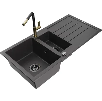 MEXEN/S - Andres granitový dřez s odkapávačem včetně baterie Flora, černá nakrapiany 6515-76-670401-57-B