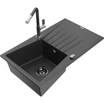 Kuchyňský dřez MEXEN/S - Cesar granitový dřez 1-miska s odkapávačem včetně baterie Flora, černá kropenatá 6514-76-670401-08-B