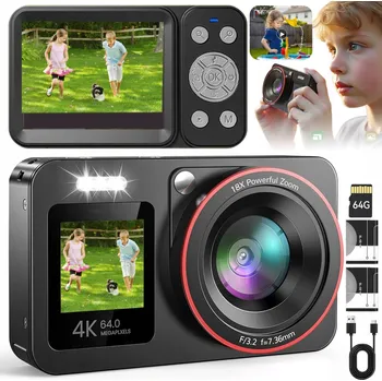 Digitální kompakt DĚTSKÝ DIGITÁLNÍ FOTOAPARÁT 64MP 18x DIGITÁLNÍ ZOOM 1200 MAH