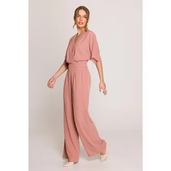 Dámský overall ELEGANTNÍ DÁMSKÝ KOMBINEZON S OBÁLKOVÝM VÝSTŘIHEM RŮŽOVÝ 38 M