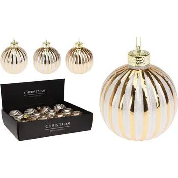 Vánoční dekorace KOOPMAN Vánoční koule 100 mm, třpytivá, pruhovaný dekor (mix 3 barev, cena /1 ks)