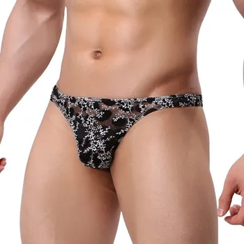 Pánské tanga Krajkové pánské Tanga průhledné s rostlinným vzorem - M