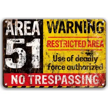 Plechová cedule Plechová retro americká US cedule Rocka Area 51 Warning No Trespassing