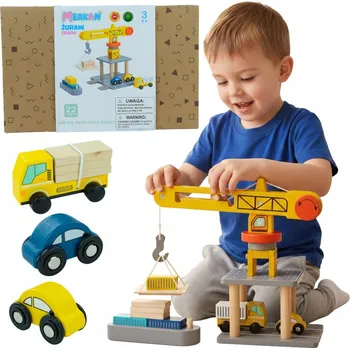 autíčko Dřevěné Staveniště s Velkým Pohyblivým Jeřábem a Vozidly - Věžový Jeřáb