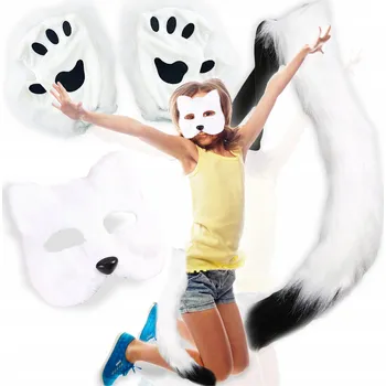 Karnevalový kostým KOSTÝM PŘEVLEK KOSTÝM KOČIČKA LIŠKA BÍLÁ SADA UMĚLÉ KOŽEŠINA MASKA OCAS