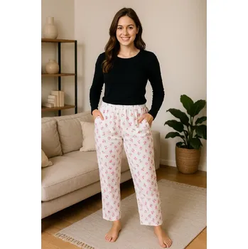 Dámské kalhoty Dámské kalhoty 1754 - bílé s červenými květy-Sale