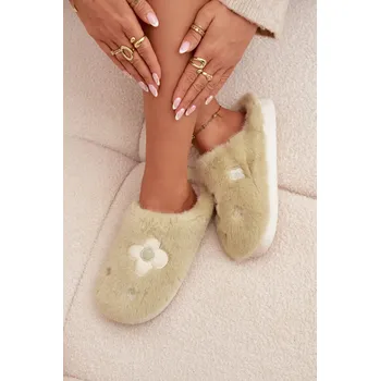 Dámské pantofle Boto chlupaté pantofle s květinami pistáciové Boto bílá | kaki 3478187