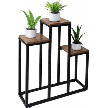 Stojan na květiny Držák Na Květináč stojící, kovový patrový stojan na 3 květiny, regál, dub rustikální