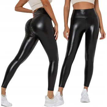 Dámské legíny Legíny MÓDNÍ Vysoký Pas MODELUJÍCÍ EKO KŮŽE s Nařasením ČERNÉ vel.M