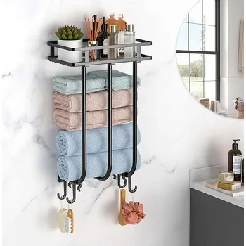 Držák na ručník Držák na ručníky s poličkou nástěnný do koupelny Ocel Nastavitelný 45 cm Černý