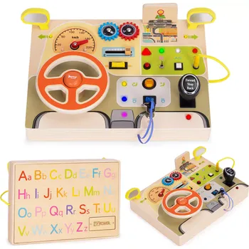 Dřevěná hračka ECOTOYS LED senzorická dřevěná manipulační deska pro děti 14 ks