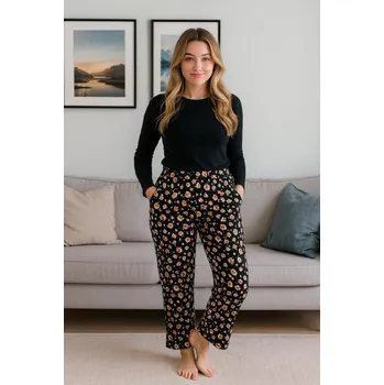 Dámské kalhoty Dámské kalhoty 1754 - černé s květy