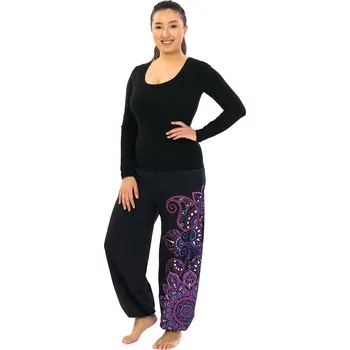 Dámské kalhoty Himalife Kalhoty Thea - černá s růžovou a fialovou Velikost: XXL/3XL - Móda pro plnoštíhlé, Oblečení nadměrné velikosti