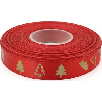 Saténová vánoční stuha v červené barvě se stromečky 15 mm I-TM0-MCHT15-148