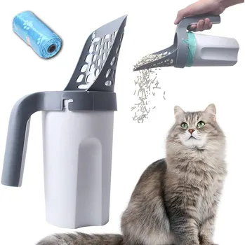 Lopatka na stelivo pro kočky černá s nádobkou a sáčkem na odpad