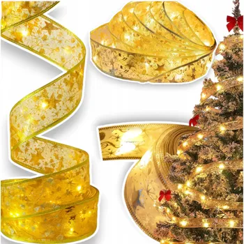 Vánoční dekorace TAŚMA LED CHOINKOWA WSTĄŻKA ZDOBNÁ VÁNOČNÍ ZLATÁ NA BATERIE 5M 50 LED