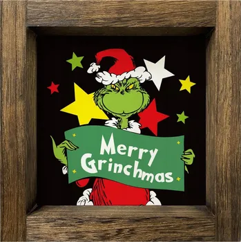 Obraz Obrázek na zeď v dřevěném rámečku Grinch vánoční dekorace 18 x 18 cm