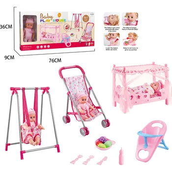 Doplněk pro panenku Mamido Dětská sada pro panenku 9v1 - panenka, kočárek, postýlka, židlička, houpačka a doplňky