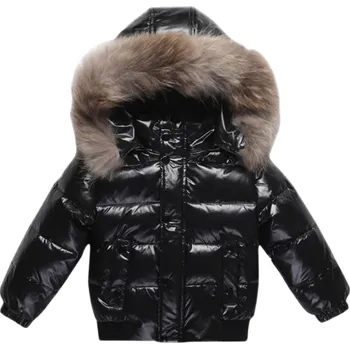 Dívčí bunda Dětská zimní péřová bunda 90% bílé kachní peří Lesklá unisex bunda s kapucí s kožichem Zip patenty a kapsy černá 2
