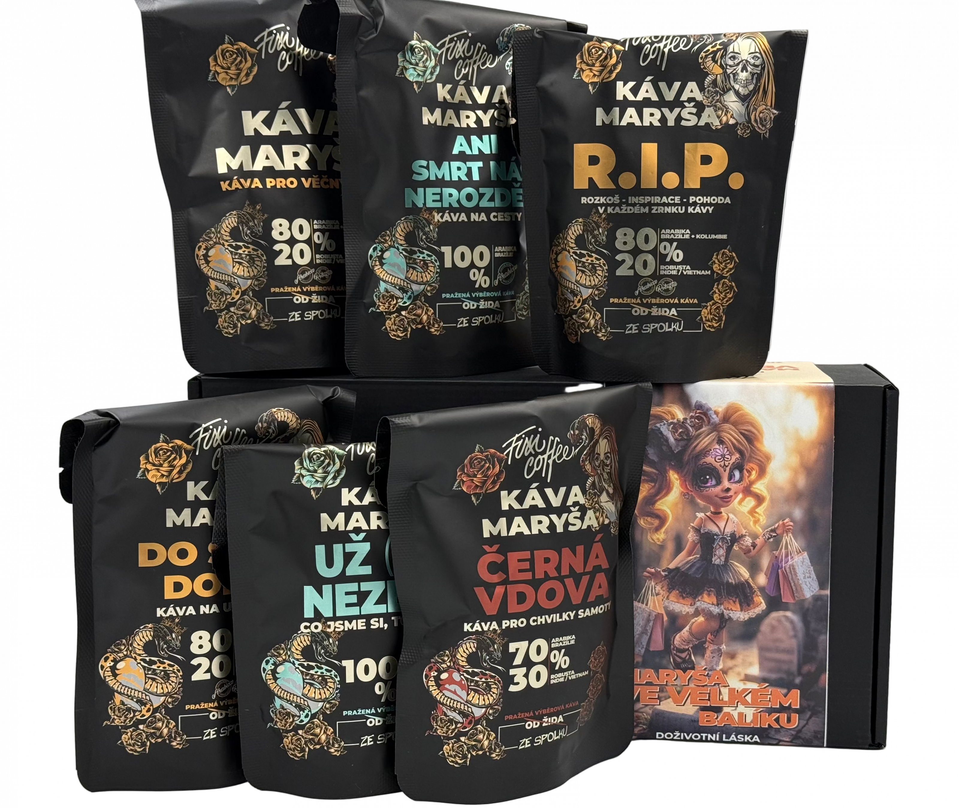 Fixi Coffee Maryša – Ve velkém balíku (6x100g) – degustační sada výběrové kávy jemně mletá / sáček Doypack / 6x100 g