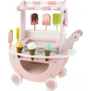 Dřevěná hračka Dřevěná zmrzlinárna pro děti VOZÍK NA KOLEČKÁCH s příslušenstvím sada W052