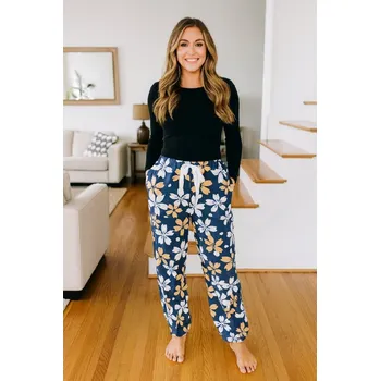 Dámské kalhoty Sale-Veselé dámské kalhoty, domácí kalhoty RM2 - tm. šedé s květy