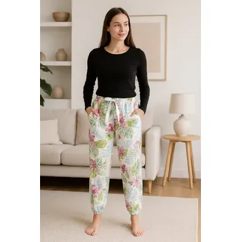 Dámské kalhoty Veselé dámské kalhoty, domácí kalhoty RM2 - krémová s květy