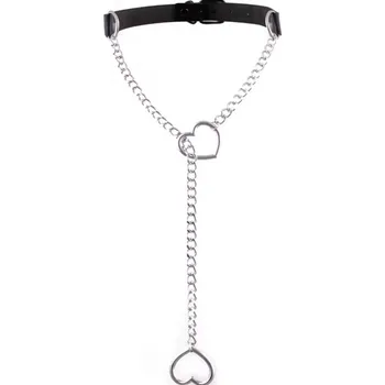 Náhrdelník DARK CHOKER / náhrdelník - černý se stříbrným dlouhým řetízkem a srdíčkem