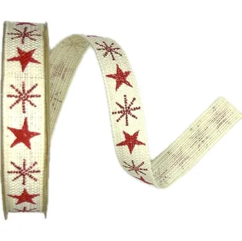 Stuha Stuha vánoční lněná NORDIC LINEN STARS CREAM & RED krémová 15mm x 4m (8,-Kč/m) (Vánoční stuha lněná, krémová, jednostranný potisk, jemný glitrový efekt, bez vlasce a drátku)