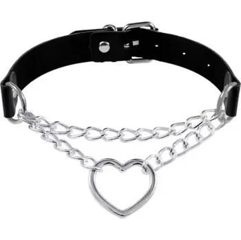 Náhrdelník OTHER CHOKER / nárdelník - černý náhrdelník se stříbrným řetízkem a srdíčkem
