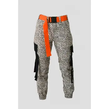 Dámské kalhoty PRINCESS TIRAMISU dámské Kalhoty Cargo pants leopard s černými kapsami + oranžový pásek Velikost: XL