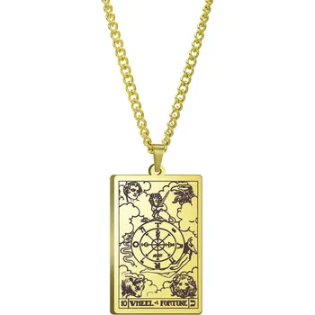 Náhrdelník DARK TAROT náhrdelník z nerez oceli / zlatý - THE WHEEL OF FORTUNE / KOLO ŠTĚSTĚNY