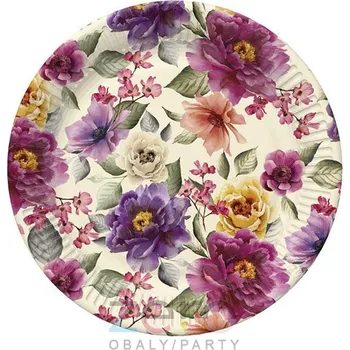 Jednorázové nádobí Tácek papírový kulatý s fólií pr. 22,7 cm (8 ks) - květinový mix