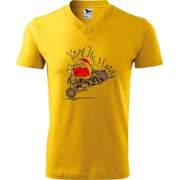 Pánské tričko DOBRÝ TRIKO Pánské V tričko s potiskem Santa na motorce Velikost: 2XL, Barva: Žlutá