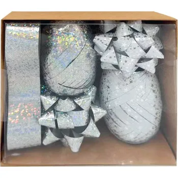 Stuha Anděl Přerov Sada na balení dárků stříbrná, rozeta 5 x 2 x 5 cm 4 ks, stuha 0,5 cm x 10 m 2 ks, stuha 2 cm x 2 m