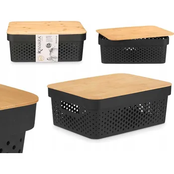 Úložný box ČERNÁ PLASTOVÁ KRABICE S BAMBUSOVÝM VÍKEM 36 X 26 X 14 CM
