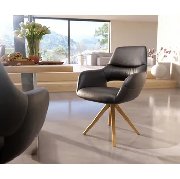 Jídelní židle DELIFE Jídelní židle Yago-Flex s područkami pravá kůže černá dřevěná podnož hranatá přírodní taštičkové pružiny