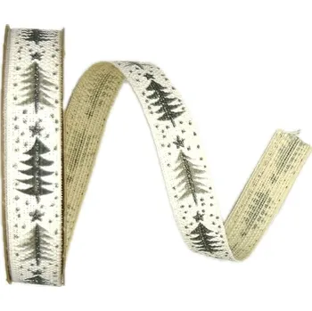 Stuha Stuha vánoční lněná SIMPLE FROSTED TREES WHITE bílá 15mm x 3m (10,-Kč/m) (Vánoční stuha lněná, bílá, jednostranný potisk, jemný glitrový efekt, bez vlasce a drátku)