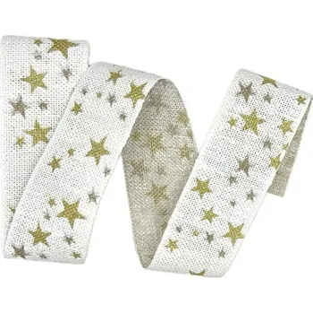 Stuha Stuha vánoční lněná WINTER HEAVEN WHITE bílá 40mm x 2m (15,-Kč/m) (Vánoční stuha skládaná, lněná, bílá, jednostranný potisk, bez vlasce a drátku)