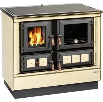 Sporák na tuhá paliva Sporák na pevná paliva s troubou typ 9112 Klaudie Model: Béžový pravý, titanové (zlaté) doplňky, dřevěná držadla, smaltovaný černý rám plotny, ocelová plotna dělená stříkaná
