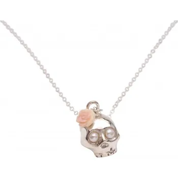 Náhrdelník NOIR ŠPERKY stříbrný náhrdelník LEBKA s růžovou květinkou