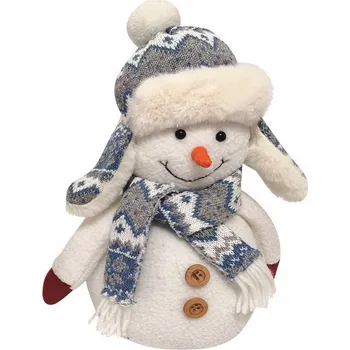 Vánoční dekorace Anděl Přerov Sněhulák v šedomodré šále na postavení 26 cm