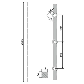Nábytkové kování Tyč 14 × 14 × 2000 mm opískovaná, rozteč 140 mm