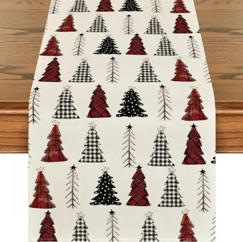 ubrus Lněný vánoční běhoun MERRY TREES 33x180 cm, krémový