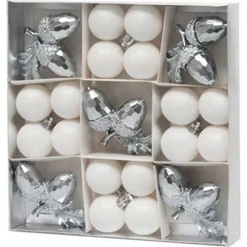 Vánoční dekorace KOULE MAGICHOME VÁNOCE, 21 ks, bílo stříbrné, mix